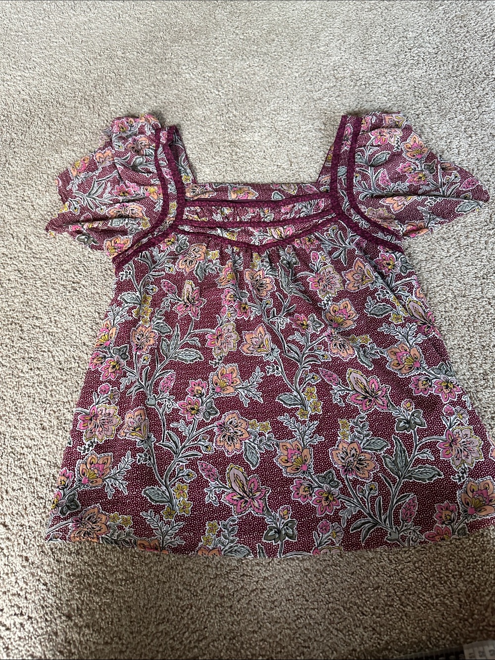 LOFT Burgundy Floral Square-Neck Puff Sleeve Blouse